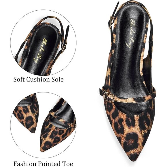 Women Leopard Polyurethane (PU) Rhinestone Pointed Toe Slingback Flats Shoes - Picture 2 of 6